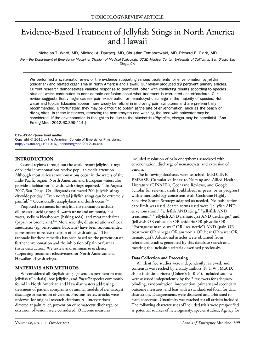 Evidence-Based Treatment of Jellyfish Stings in North America and Hawaii 