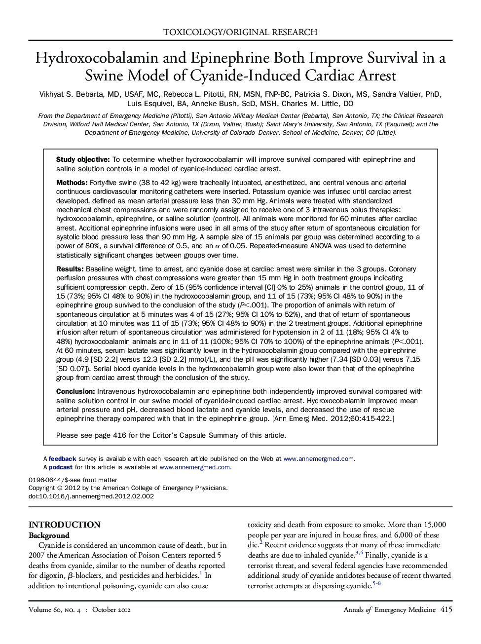 Hydroxocobalamin and Epinephrine Both Improve Survival in a Swine Model of Cyanide-Induced Cardiac Arrest 