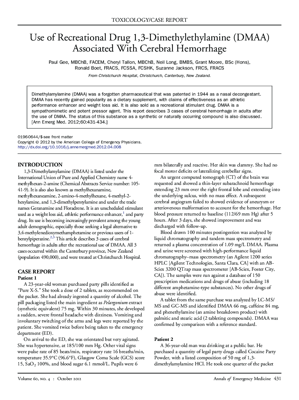 Use of Recreational Drug 1,3-Dimethylethylamine (DMAA) Associated With Cerebral Hemorrhage 