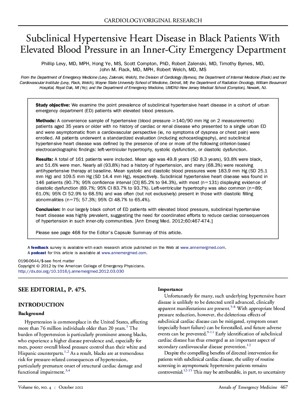 Subclinical Hypertensive Heart Disease in Black Patients With Elevated Blood Pressure in an Inner-City Emergency Department