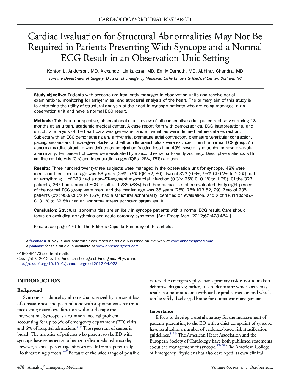 Cardiac Evaluation for Structural Abnormalities May Not Be Required in Patients Presenting With Syncope and a Normal ECG Result in an Observation Unit Setting