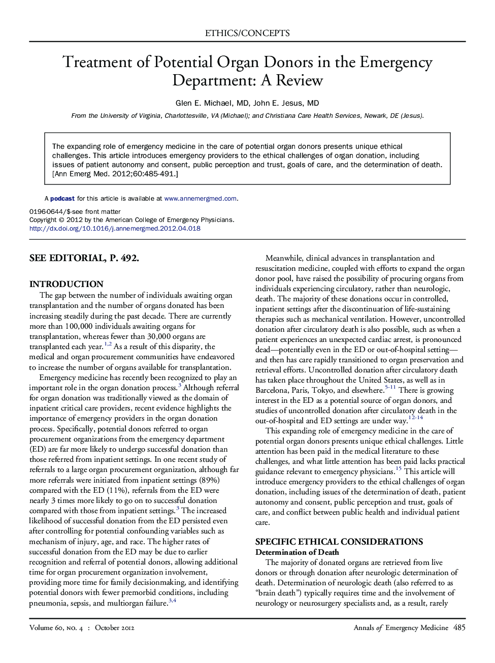 Treatment of Potential Organ Donors in the Emergency Department: A Review 