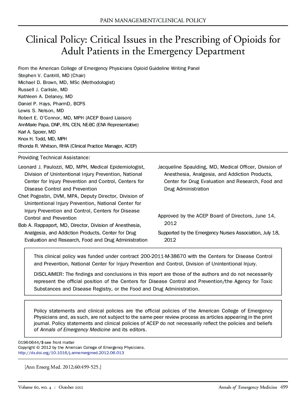 Clinical Policy: Critical Issues in the Prescribing of Opioids for Adult Patients in the Emergency Department