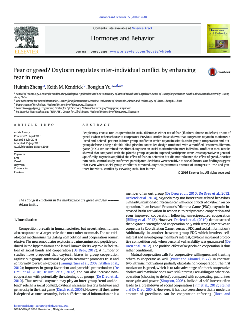 Fear or greed? Oxytocin regulates inter-individual conflict by enhancing fear in men