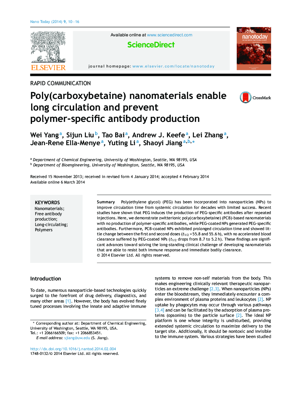 Poly(carboxybetaine) nanomaterials enable long circulation and prevent polymer-specific antibody production