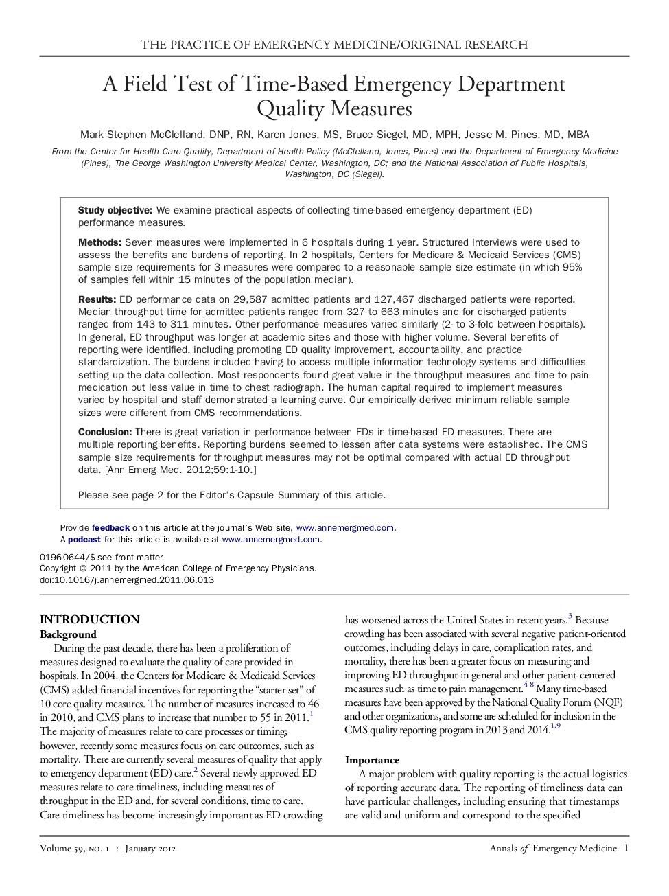 A Field Test of Time-Based Emergency Department Quality Measures