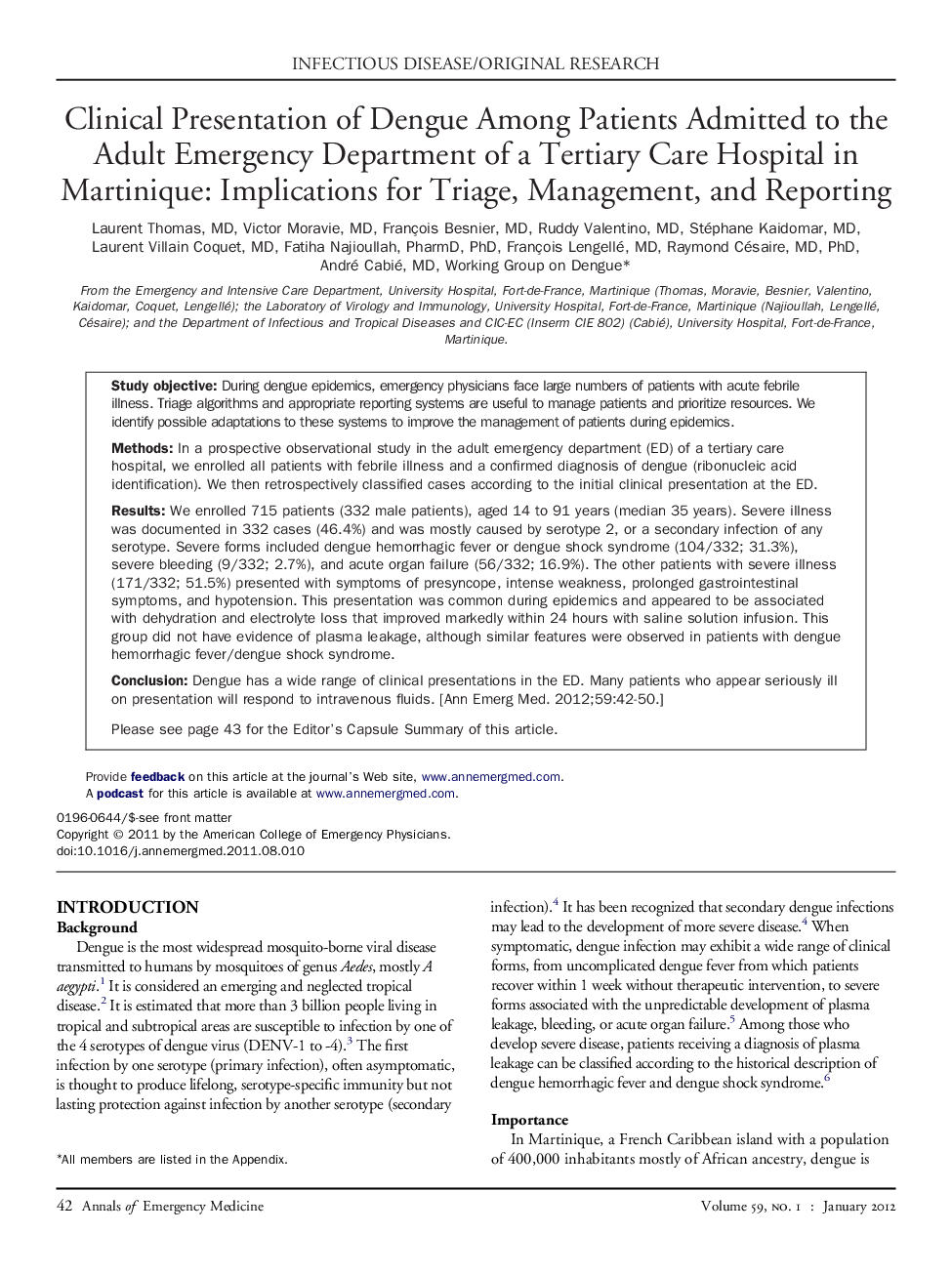 Clinical Presentation of Dengue Among Patients Admitted to the Adult Emergency Department of a Tertiary Care Hospital in Martinique: Implications for Triage, Management, and Reporting 