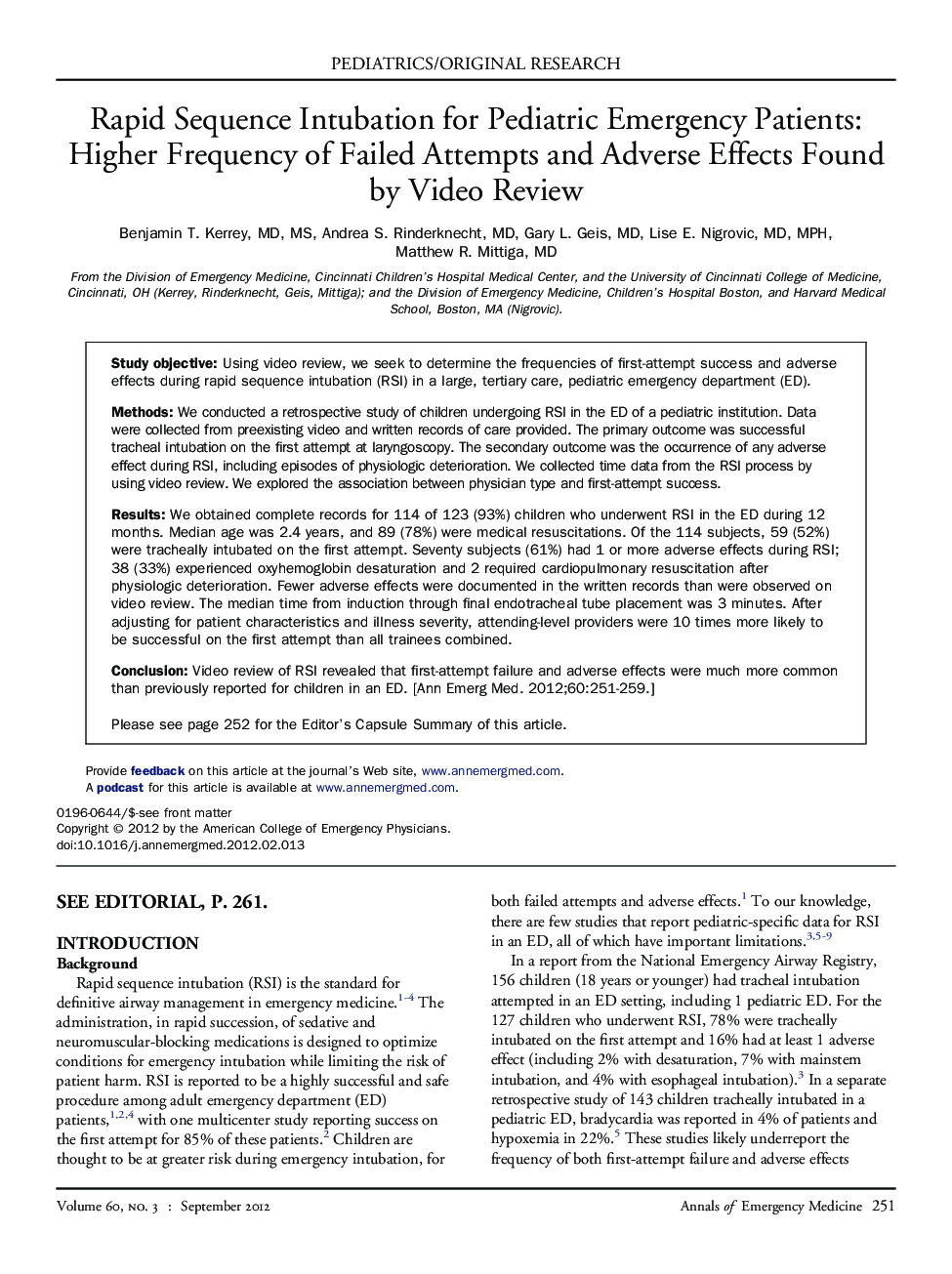 Rapid Sequence Intubation for Pediatric Emergency Patients: Higher Frequency of Failed Attempts and Adverse Effects Found by Video Review 