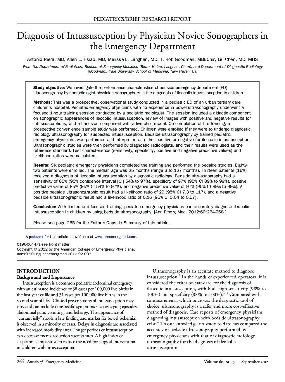 Diagnosis of Intussusception by Physician Novice Sonographers in the Emergency Department 