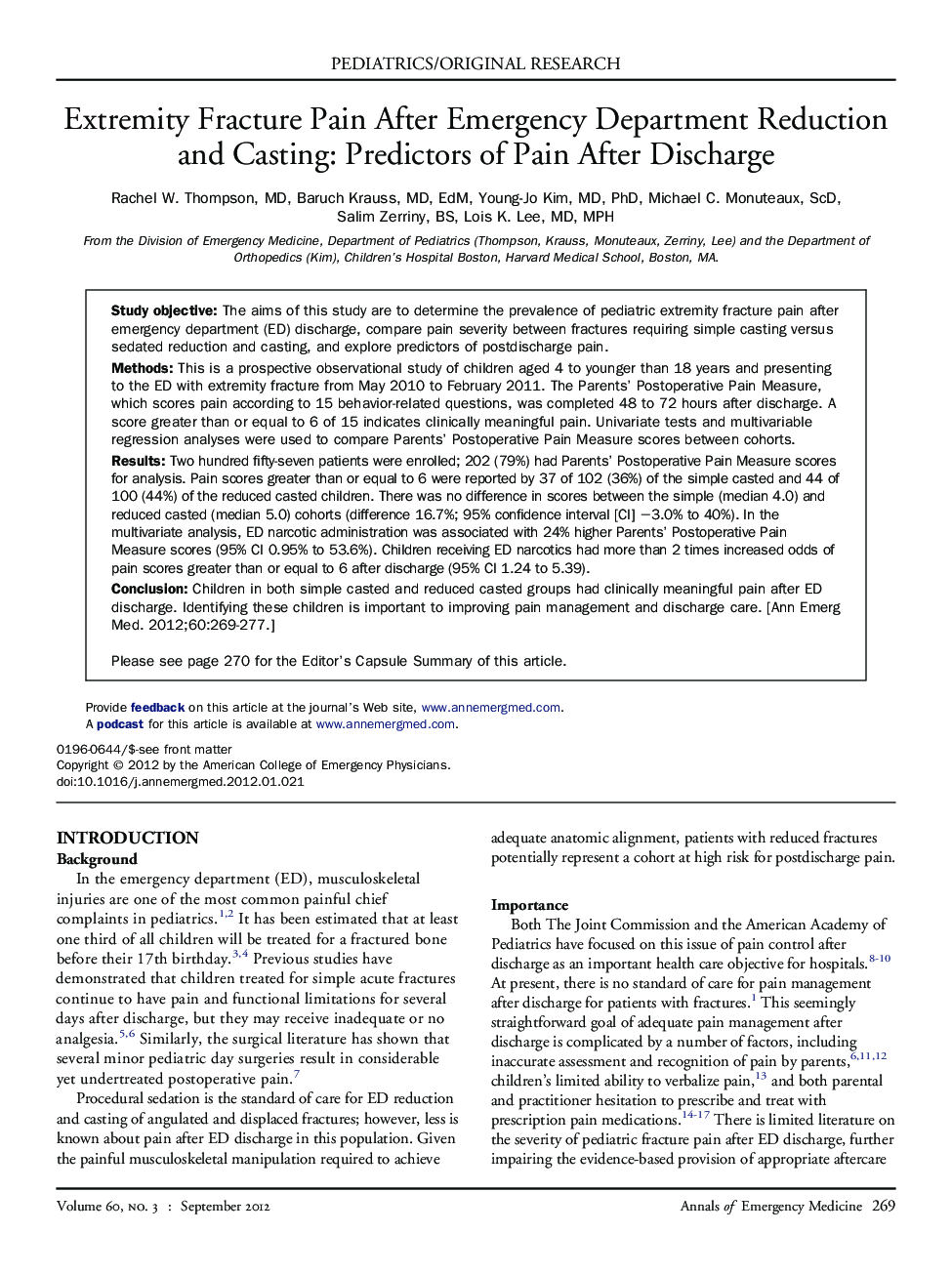 Extremity Fracture Pain After Emergency Department Reduction and Casting: Predictors of Pain After Discharge 