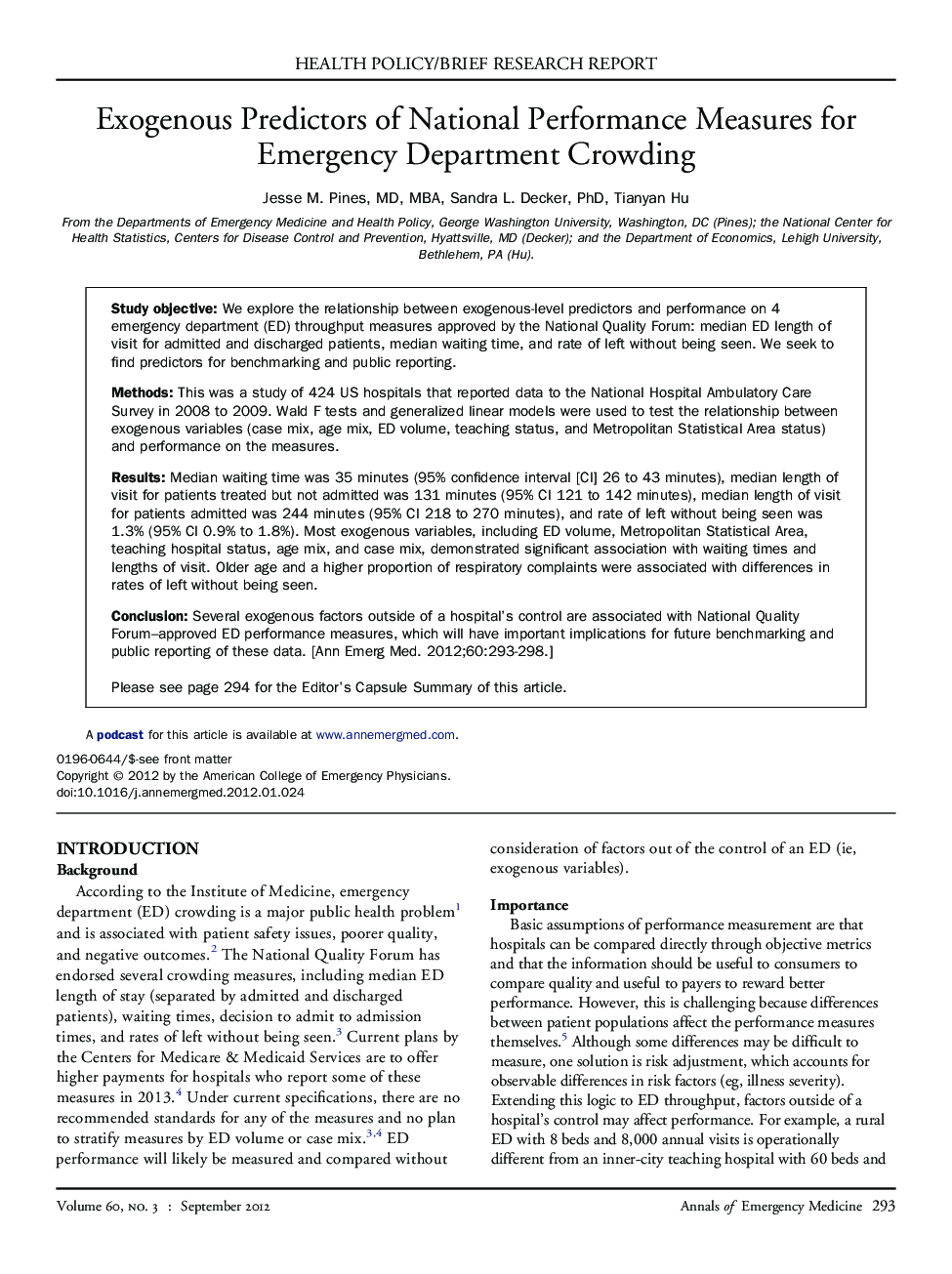 Exogenous Predictors of National Performance Measures for Emergency Department Crowding 