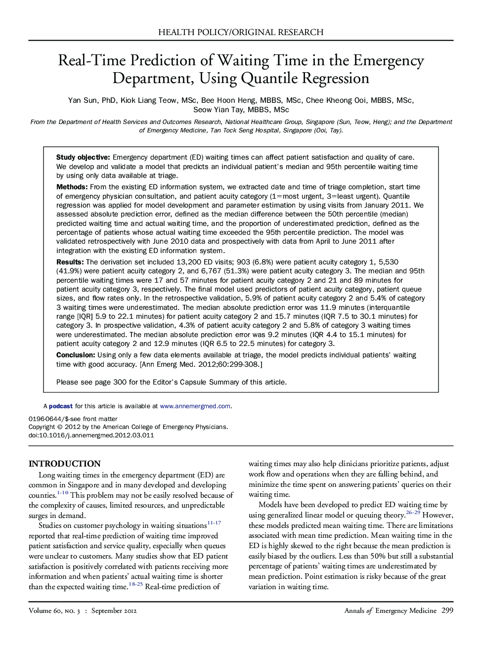 Real-Time Prediction of Waiting Time in the Emergency Department, Using Quantile Regression 