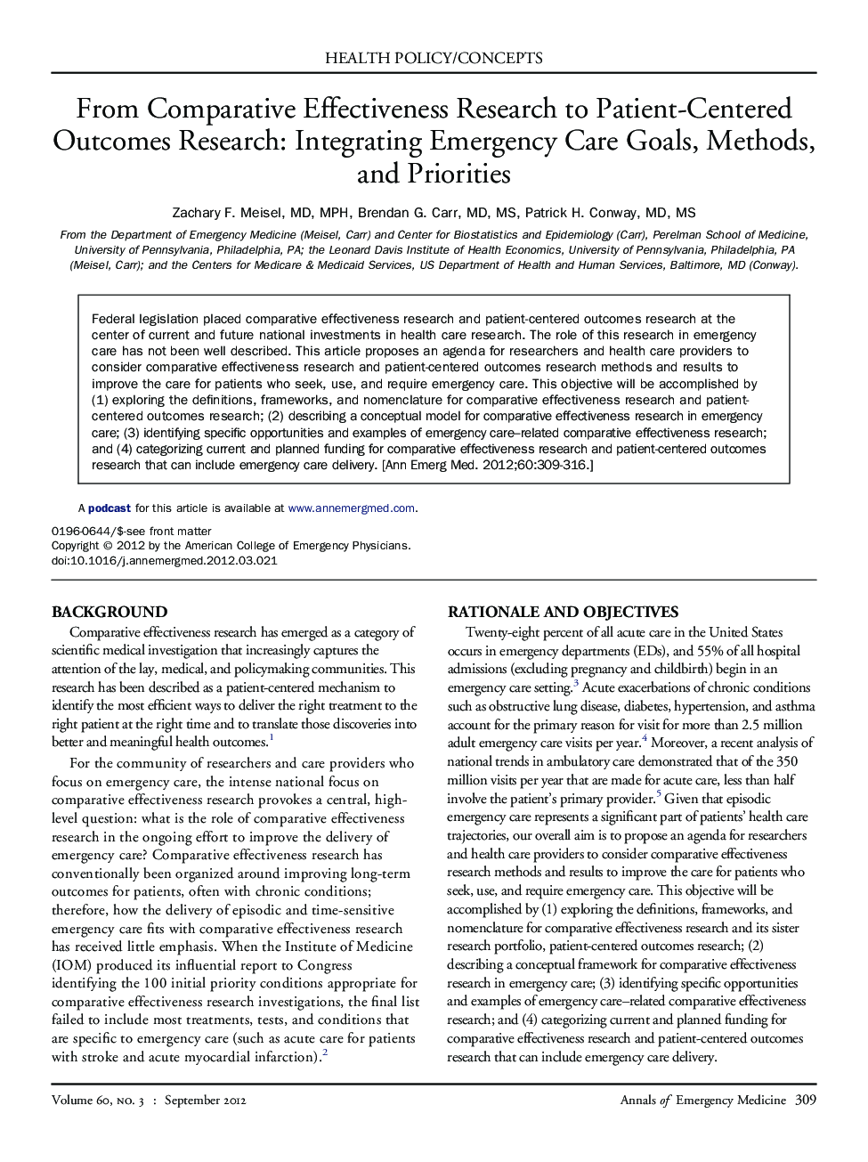 From Comparative Effectiveness Research to Patient-Centered Outcomes Research: Integrating Emergency Care Goals, Methods, and Priorities 
