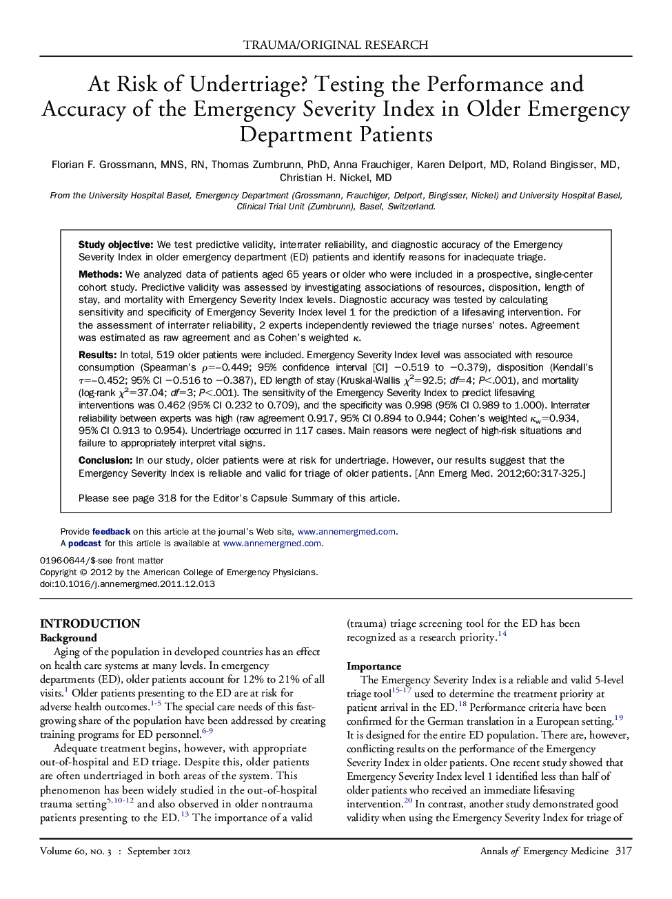 At Risk of Undertriage? Testing the Performance and Accuracy of the Emergency Severity Index in Older Emergency Department Patients