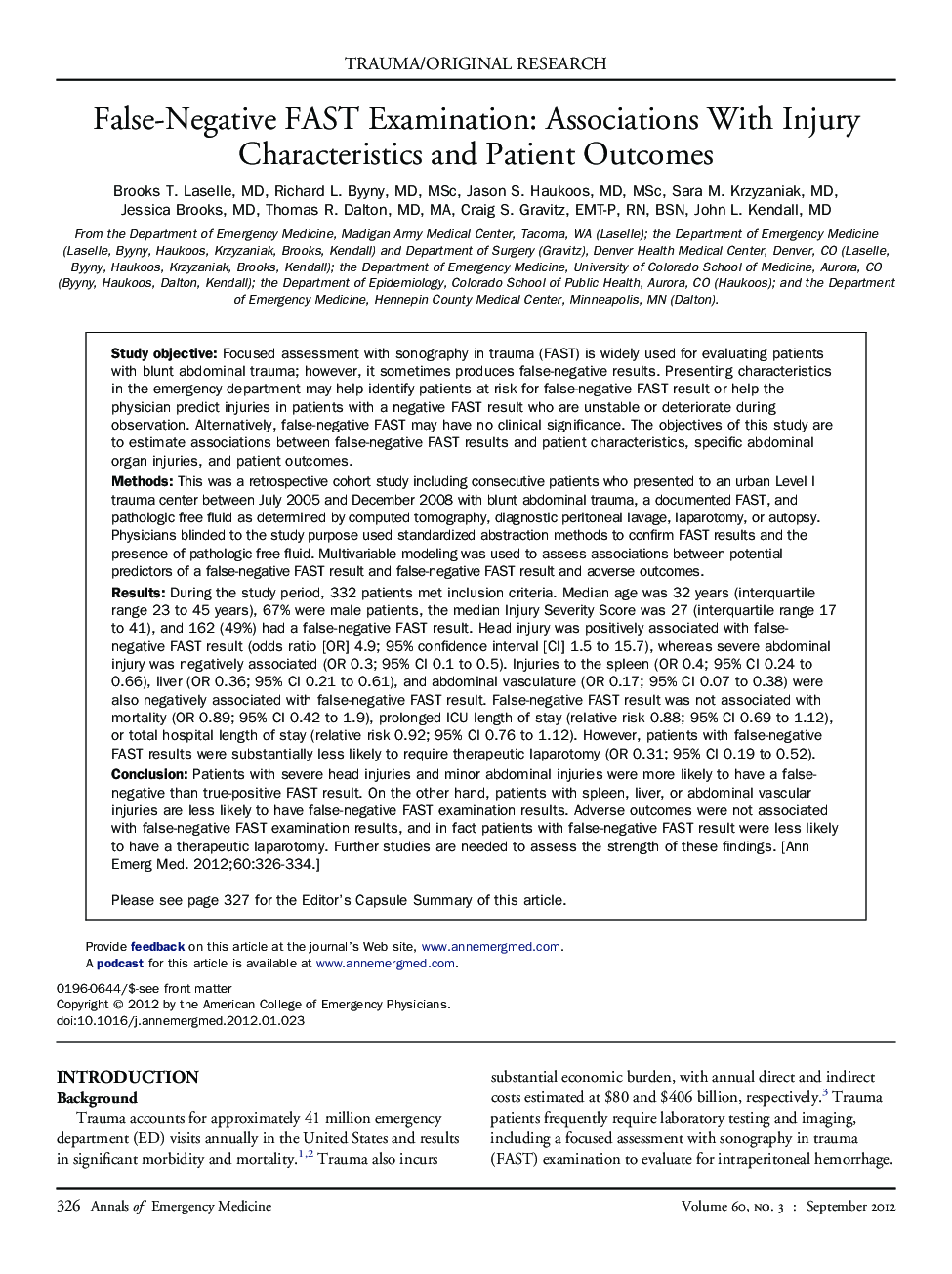 False-Negative FAST Examination: Associations With Injury Characteristics and Patient Outcomes