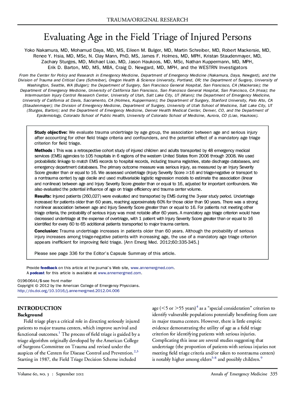Evaluating Age in the Field Triage of Injured Persons 