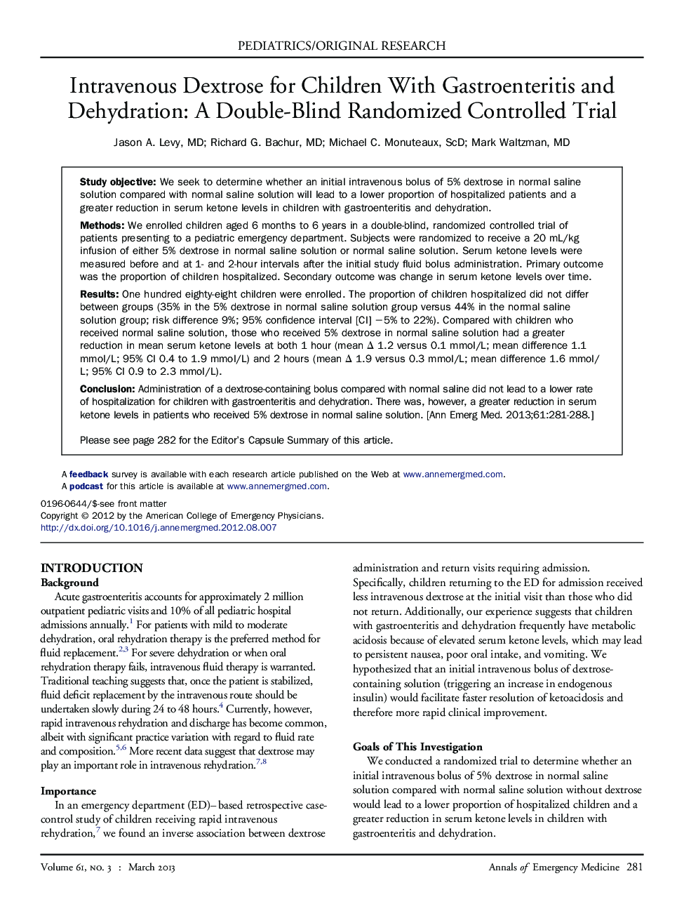 Intravenous Dextrose for Children With Gastroenteritis and Dehydration: A Double-Blind Randomized Controlled Trial 