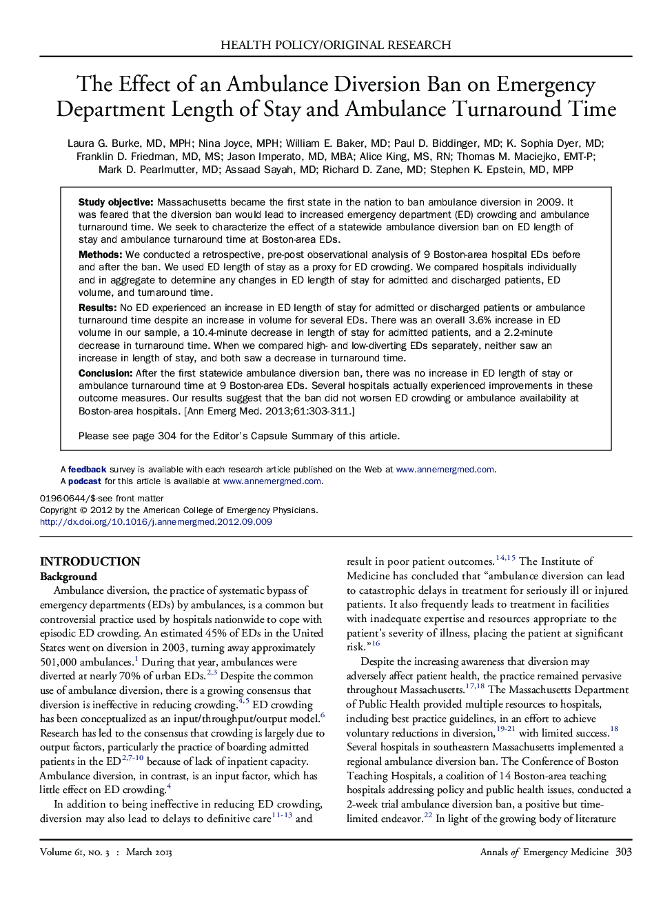 The Effect of an Ambulance Diversion Ban on Emergency Department Length of Stay and Ambulance Turnaround Time