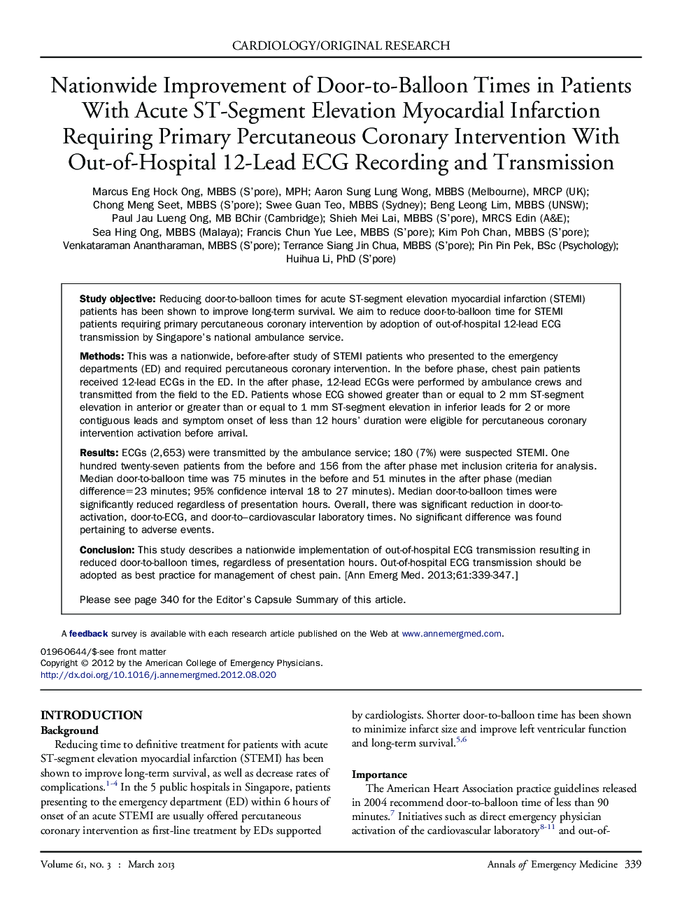 Nationwide Improvement of Door-to-Balloon Times in Patients With Acute ST-Segment Elevation Myocardial Infarction Requiring Primary Percutaneous Coronary Intervention With Out-of-Hospital 12-Lead ECG Recording and Transmission 