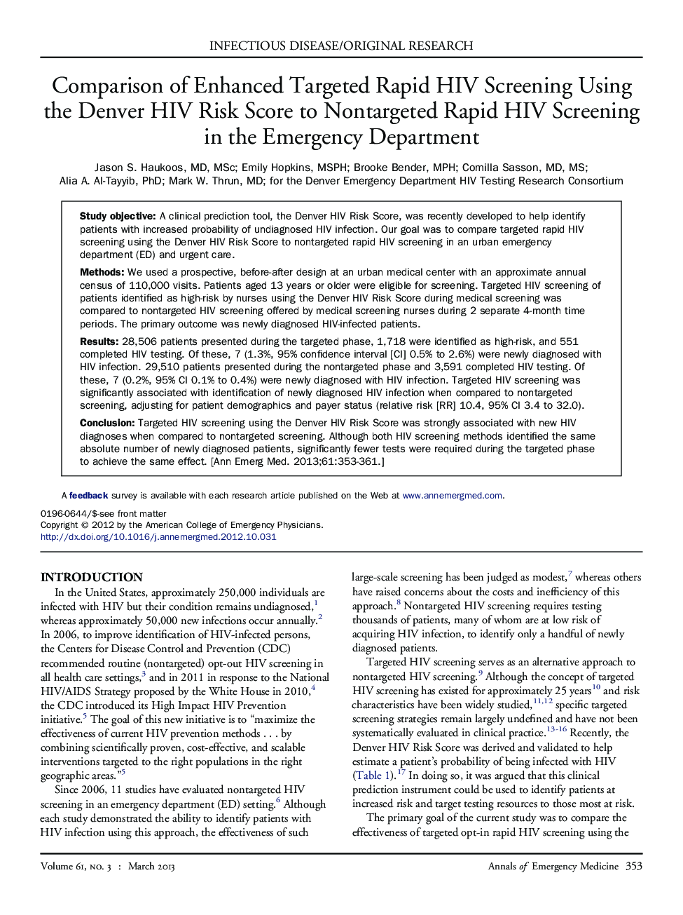 Comparison of Enhanced Targeted Rapid HIV Screening Using the Denver HIV Risk Score to Nontargeted Rapid HIV Screening in the Emergency Department 