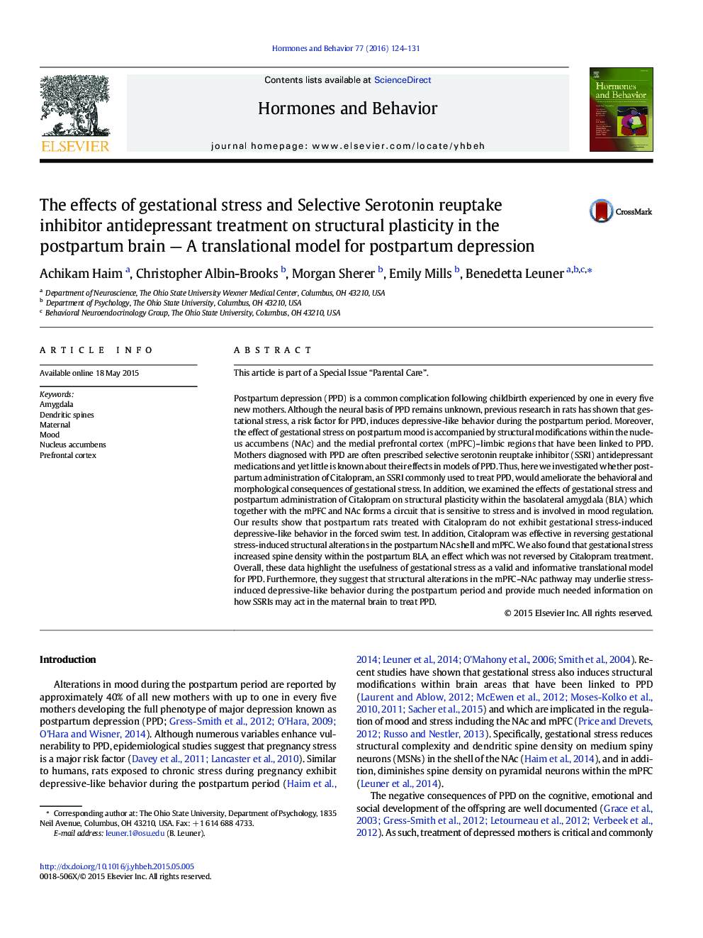 The effects of gestational stress and Selective Serotonin reuptake inhibitor antidepressant treatment on structural plasticity in the postpartum brain — A translational model for postpartum depression