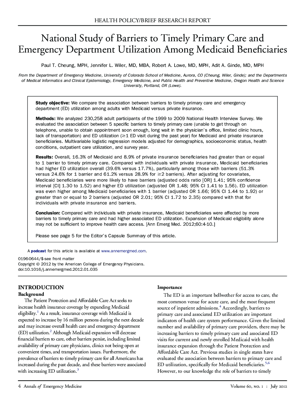 National Study of Barriers to Timely Primary Care and Emergency Department Utilization Among Medicaid Beneficiaries