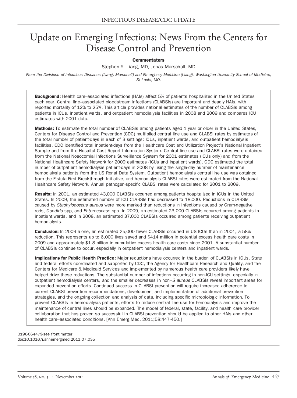 Vital Signs: Central Line–Associated Blood Stream Infections—United States, 2001, 2008, and 2009 