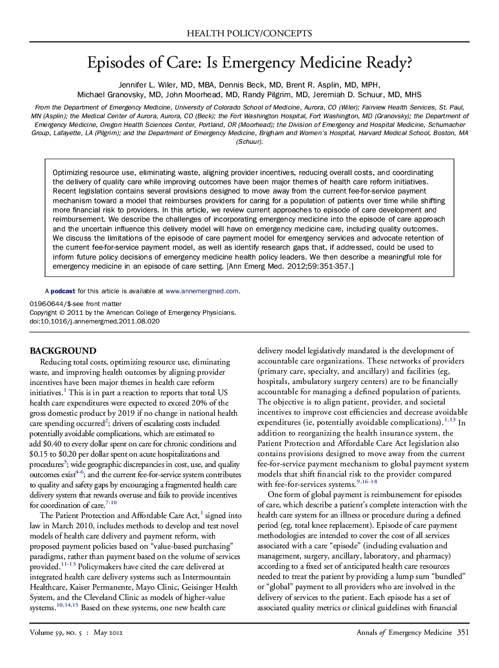 Episodes of Care: Is Emergency Medicine Ready? 