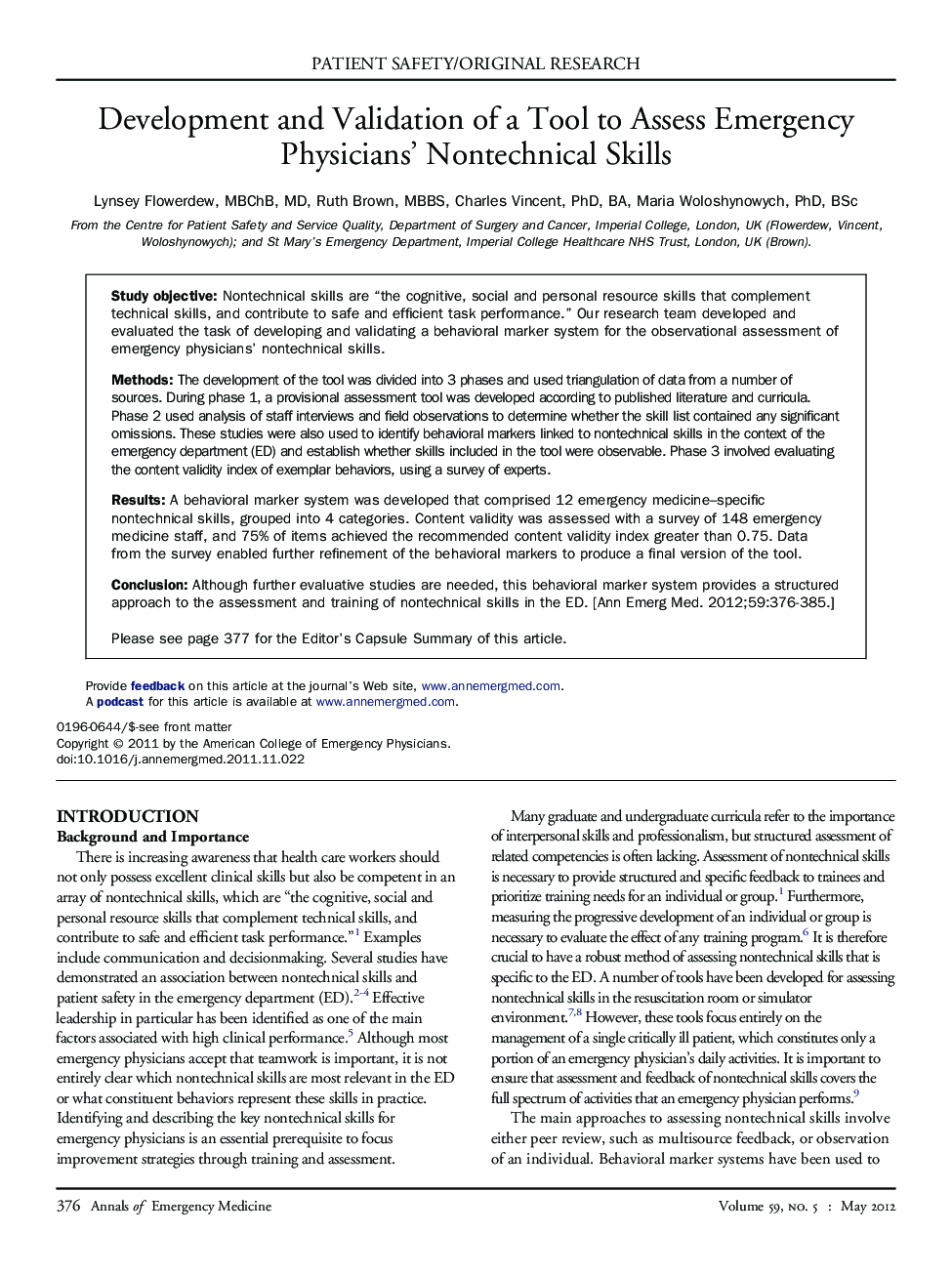 Development and Validation of a Tool to Assess Emergency Physicians' Nontechnical Skills