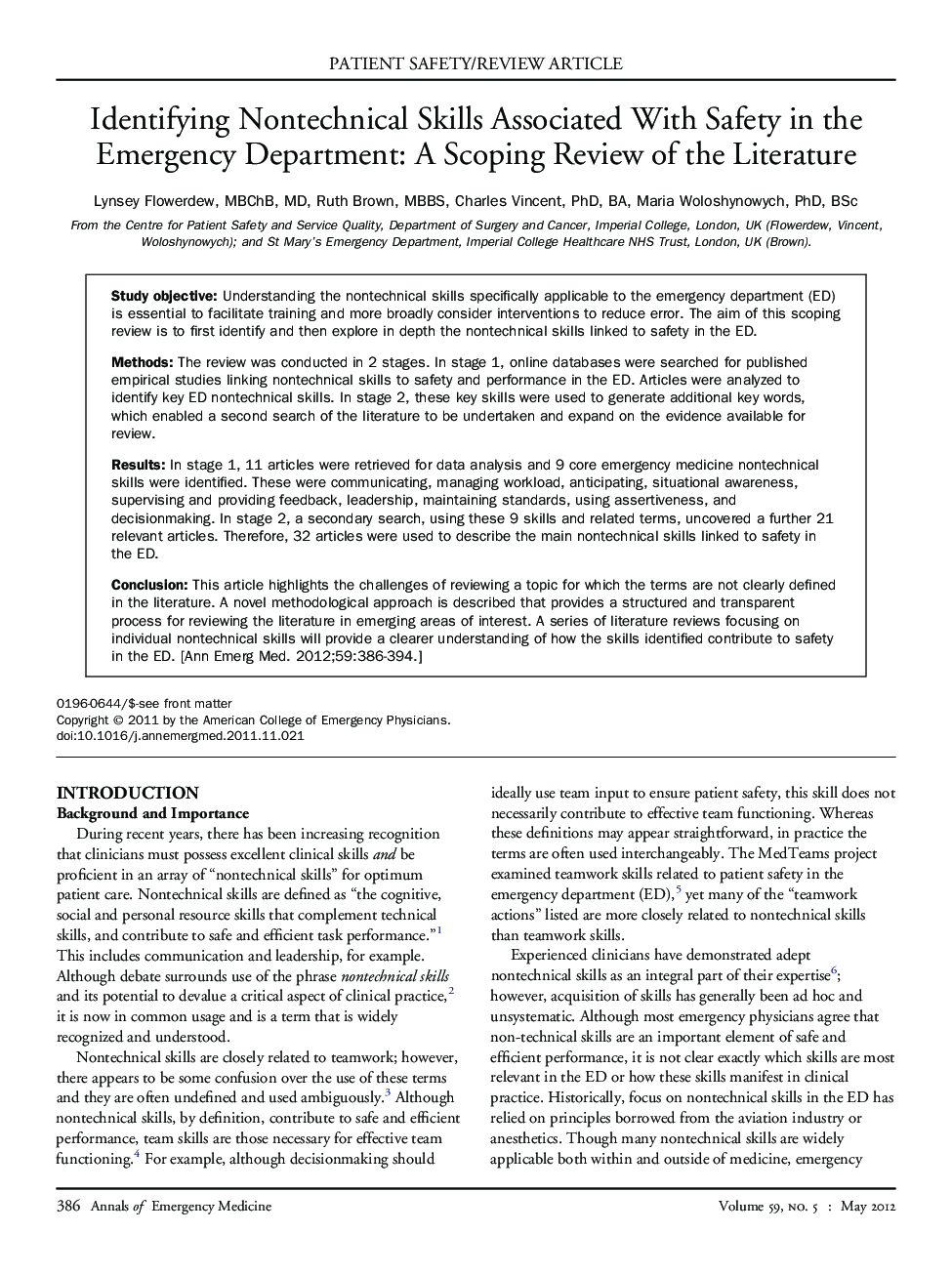 Identifying Nontechnical Skills Associated With Safety in the Emergency Department: A Scoping Review of the Literature 