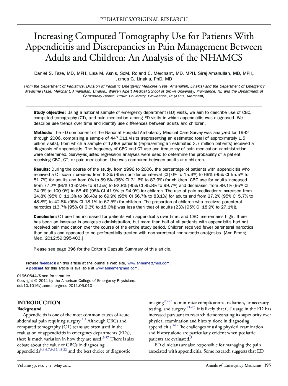 Increasing Computed Tomography Use for Patients With Appendicitis and Discrepancies in Pain Management Between Adults and Children: An Analysis of the NHAMCS 