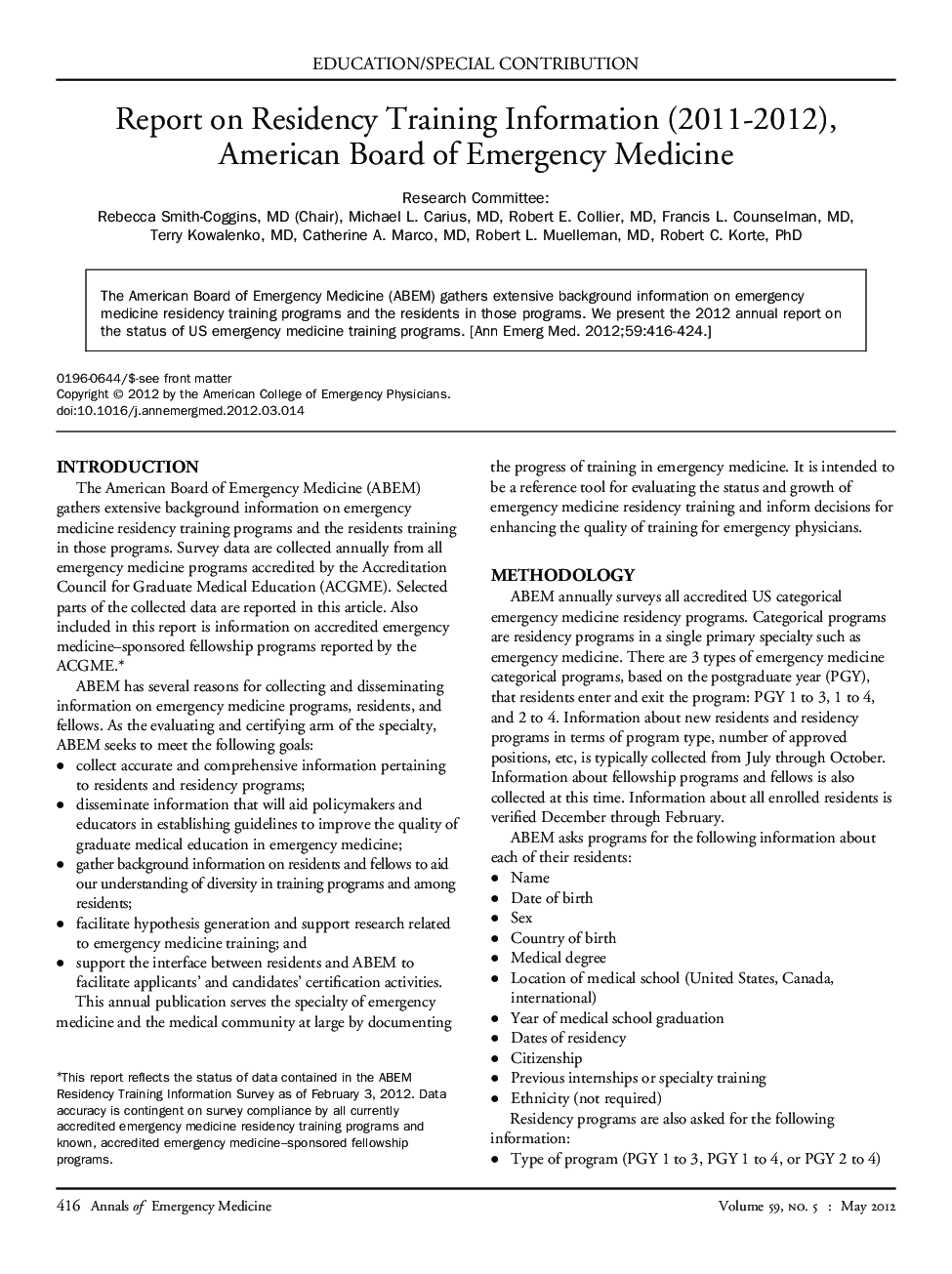 Report on Residency Training Information (2011-2012), American Board of Emergency Medicine