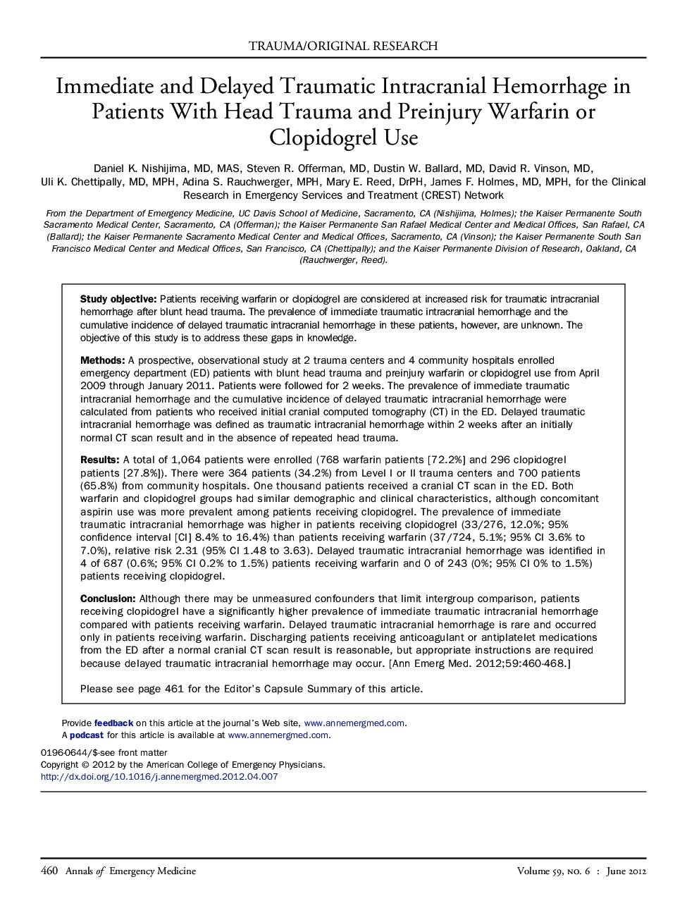 Immediate and Delayed Traumatic Intracranial Hemorrhage in Patients With Head Trauma and Preinjury Warfarin or Clopidogrel Use