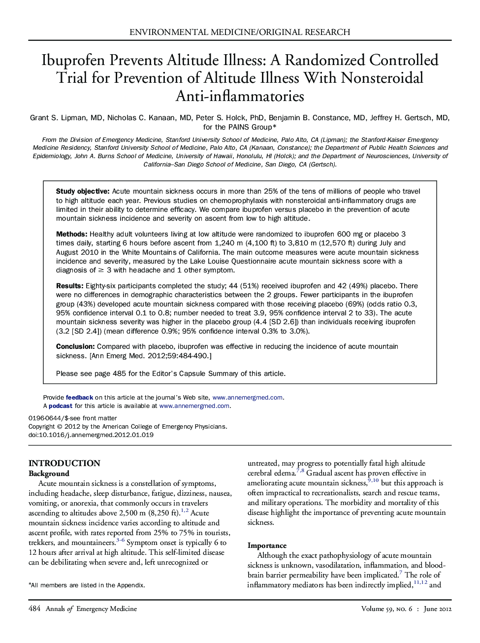 Ibuprofen Prevents Altitude Illness: A Randomized Controlled Trial for Prevention of Altitude Illness With Nonsteroidal Anti-inflammatories 