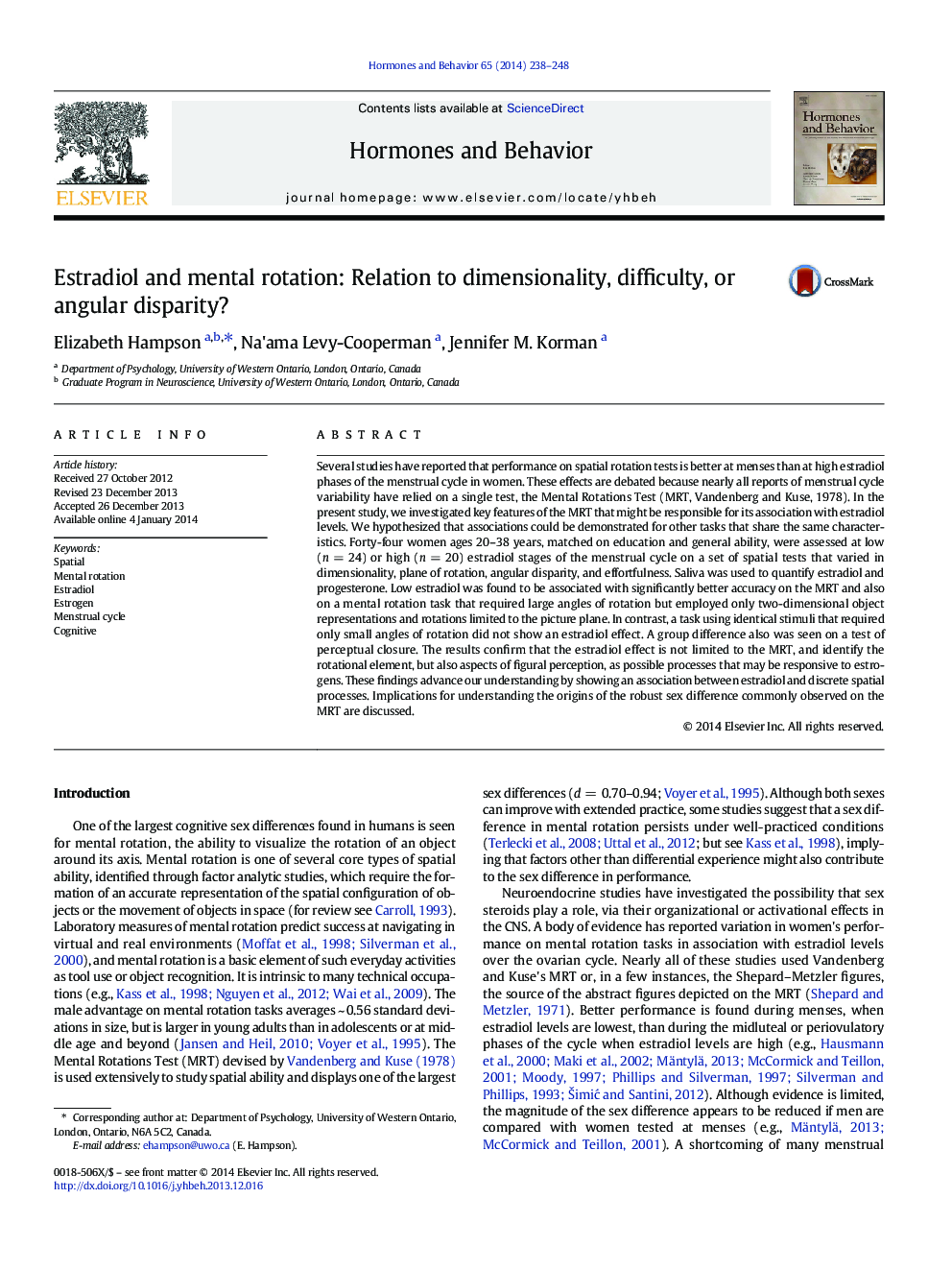 Estradiol and mental rotation: Relation to dimensionality, difficulty, or angular disparity?