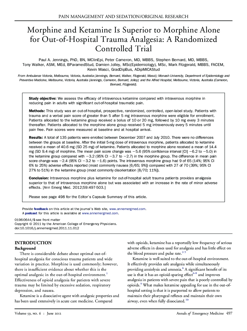 Morphine and Ketamine Is Superior to Morphine Alone for Out-of-Hospital Trauma Analgesia: A Randomized Controlled Trial 