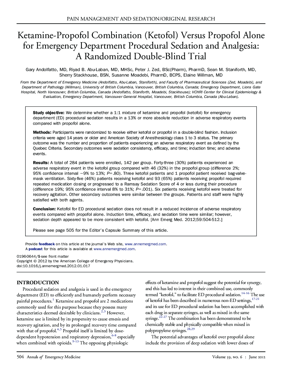 Ketamine-Propofol Combination (Ketofol) Versus Propofol Alone for Emergency Department Procedural Sedation and Analgesia: A Randomized Double-Blind Trial