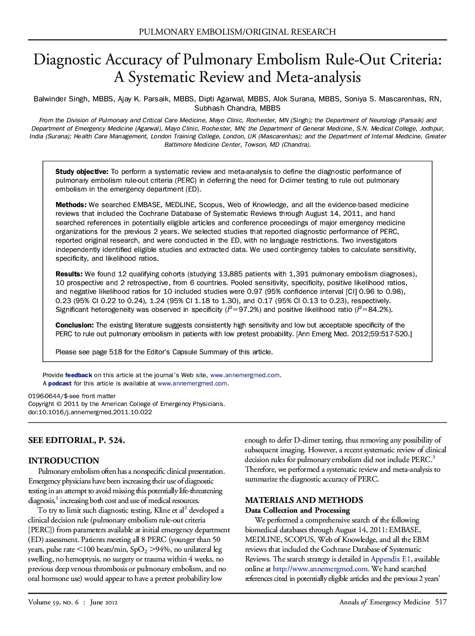 Diagnostic Accuracy of Pulmonary Embolism Rule-Out Criteria: A Systematic Review and Meta-analysis