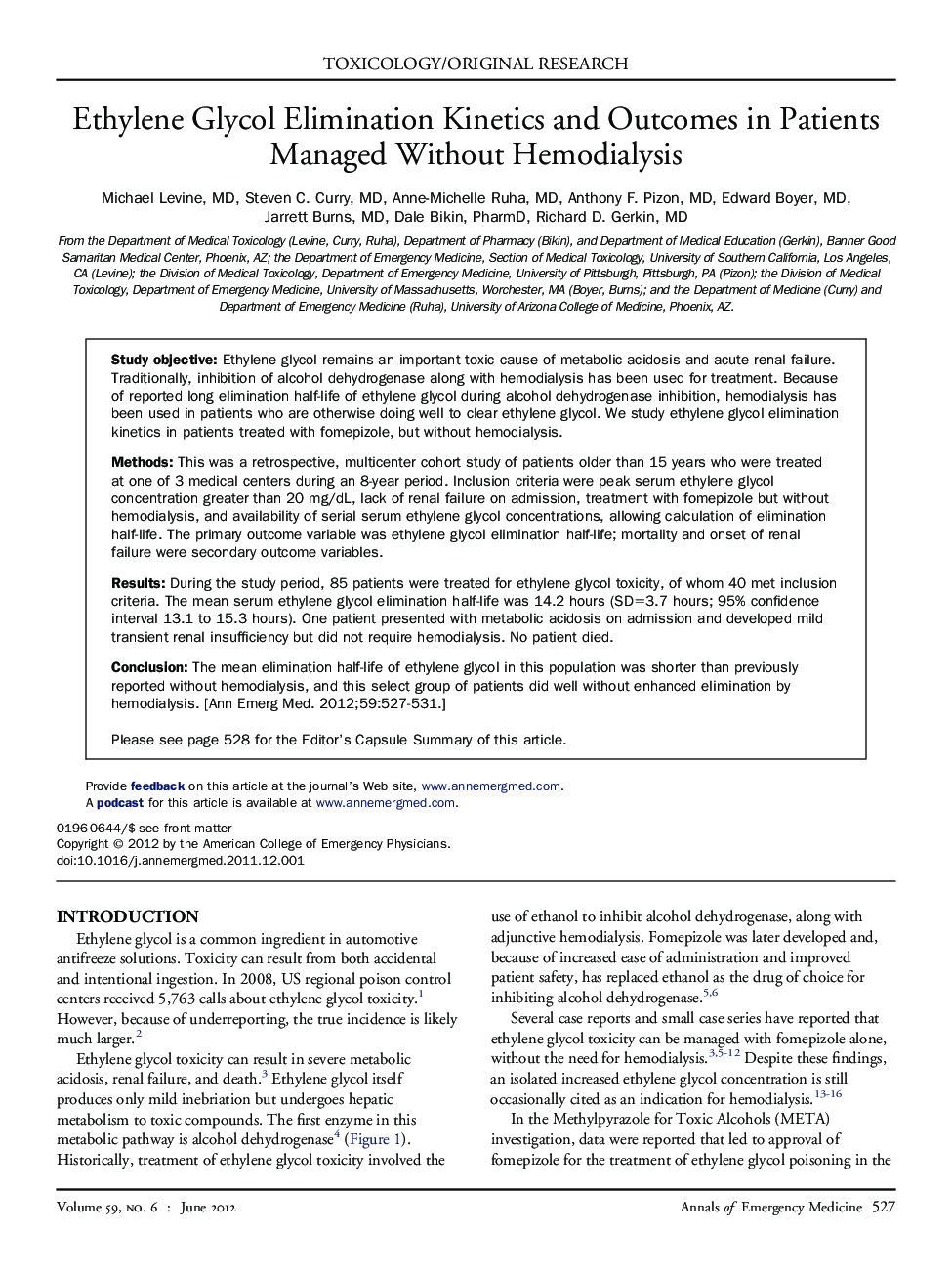 Ethylene Glycol Elimination Kinetics and Outcomes in Patients Managed Without Hemodialysis 