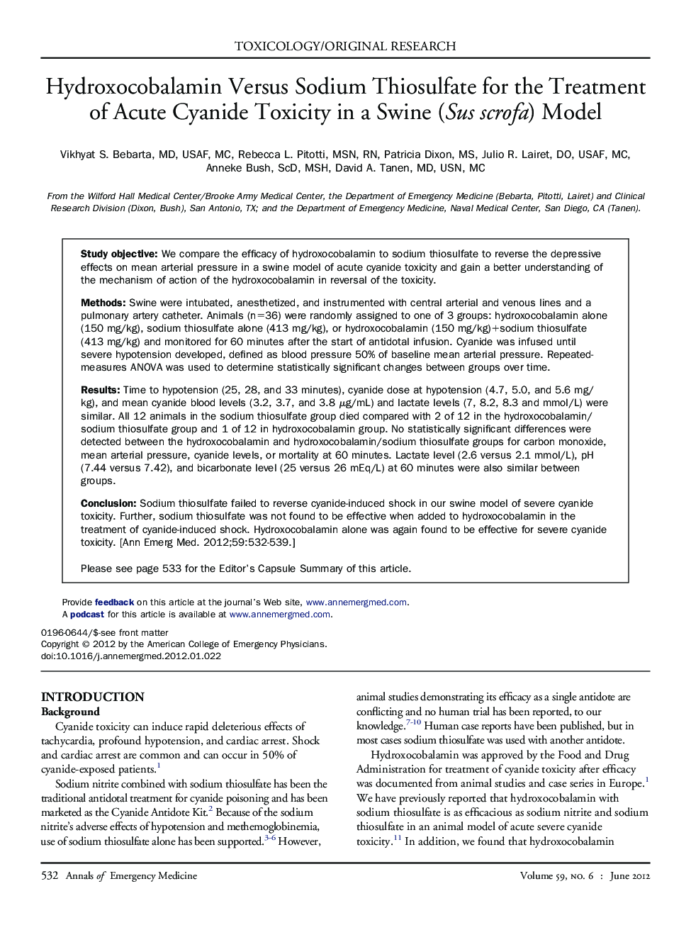 Hydroxocobalamin Versus Sodium Thiosulfate for the Treatment of Acute Cyanide Toxicity in a Swine (Sus scrofa) Model 