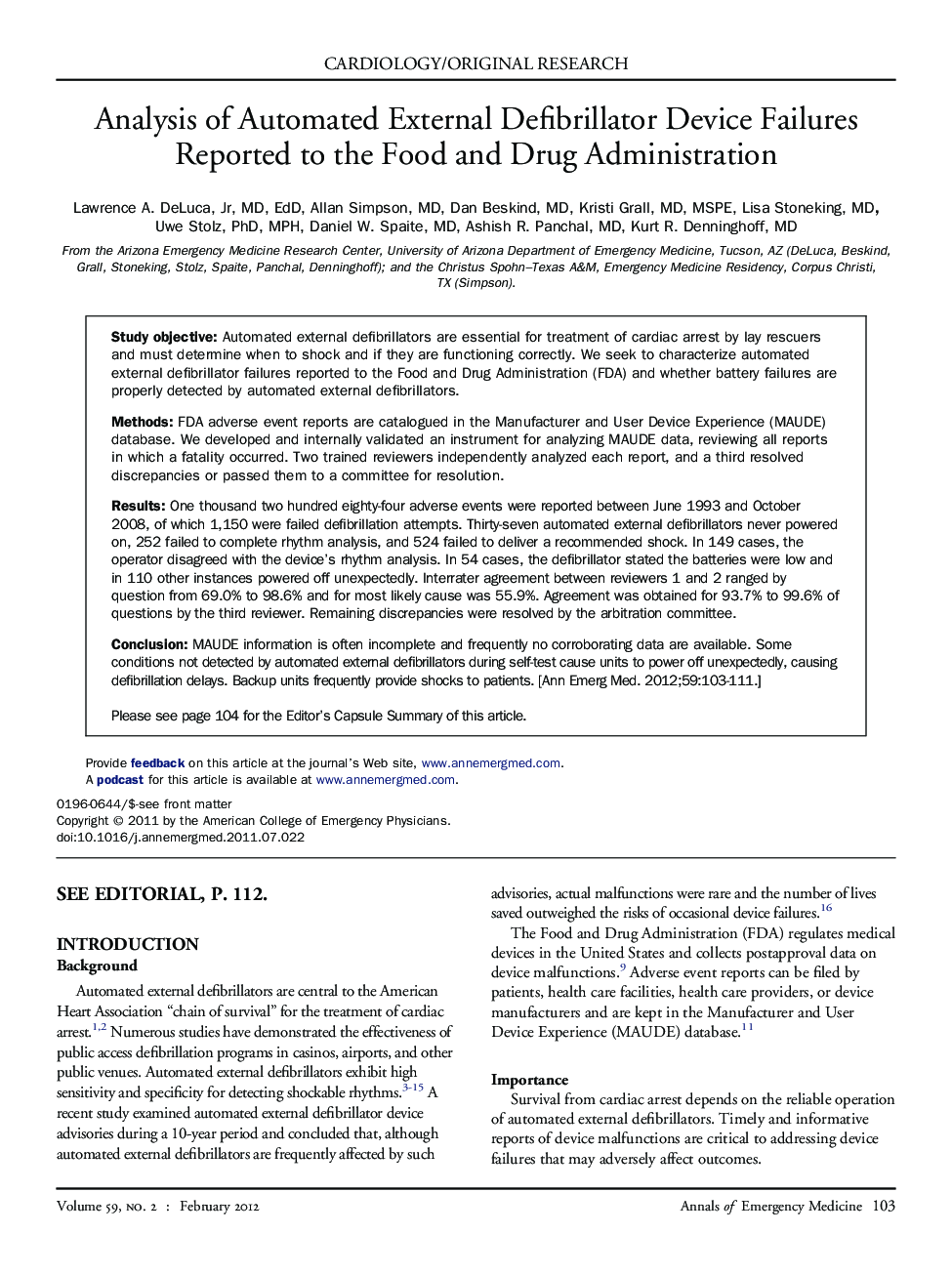 Analysis of Automated External Defibrillator Device Failures Reported to the Food and Drug Administration 