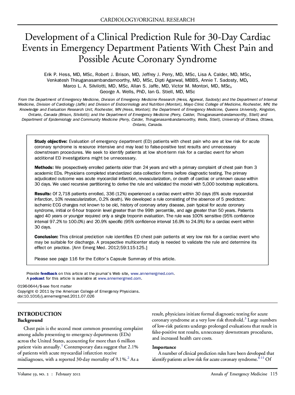Development of a Clinical Prediction Rule for 30-Day Cardiac Events in Emergency Department Patients With Chest Pain and Possible Acute Coronary Syndrome