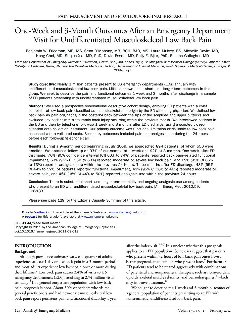 One-Week and 3-Month Outcomes After an Emergency Department Visit for Undifferentiated Musculoskeletal Low Back Pain