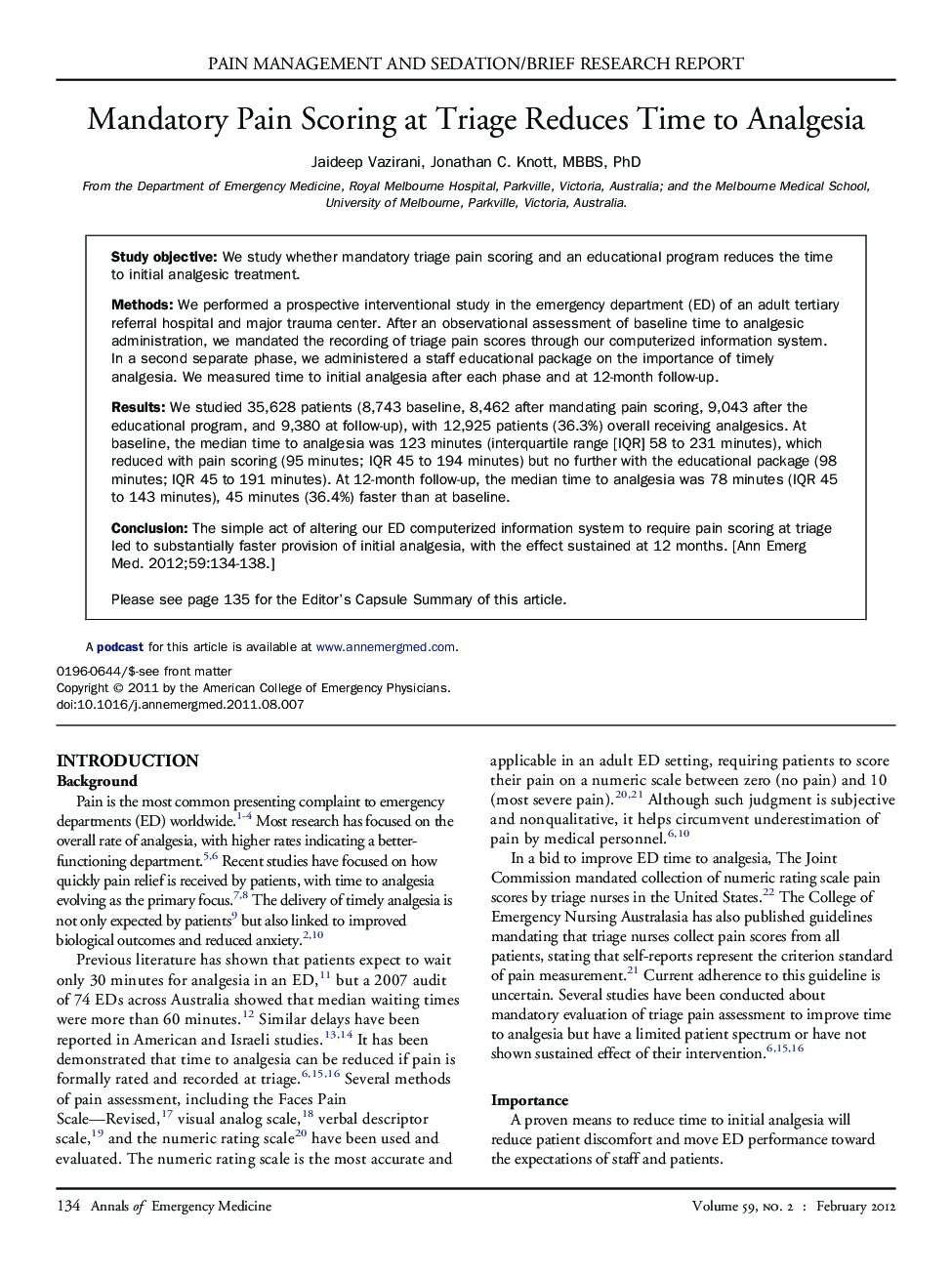 Mandatory Pain Scoring at Triage Reduces Time to Analgesia