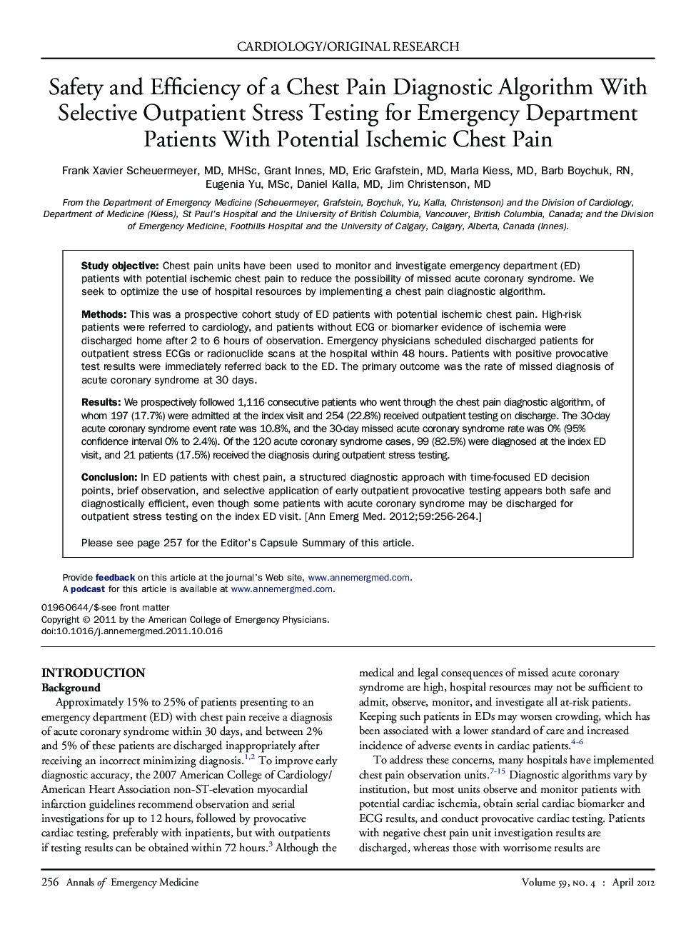 Safety and Efficiency of a Chest Pain Diagnostic Algorithm With Selective Outpatient Stress Testing for Emergency Department Patients With Potential Ischemic Chest Pain