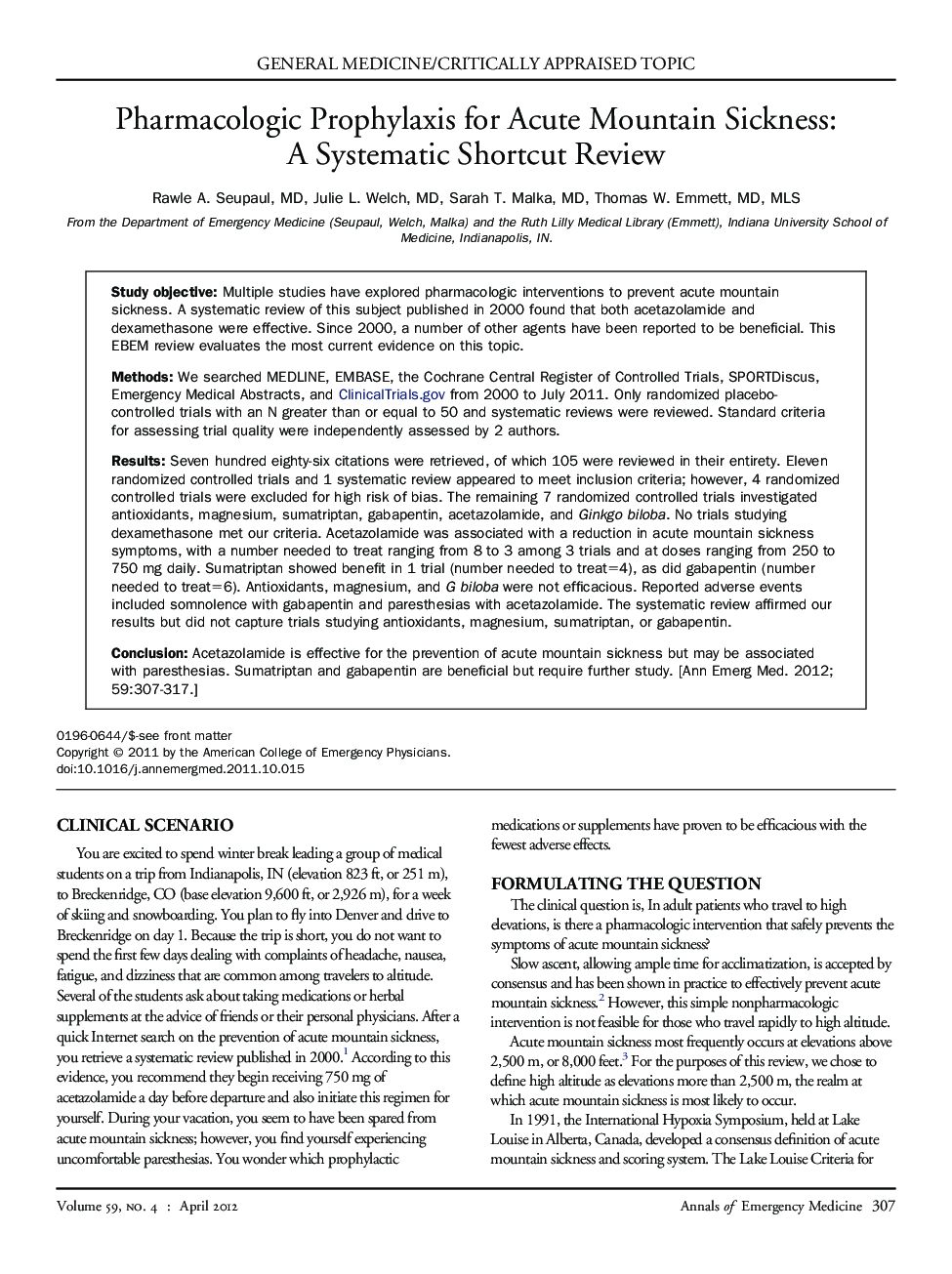 Pharmacologic Prophylaxis for Acute Mountain Sickness: A Systematic Shortcut Review