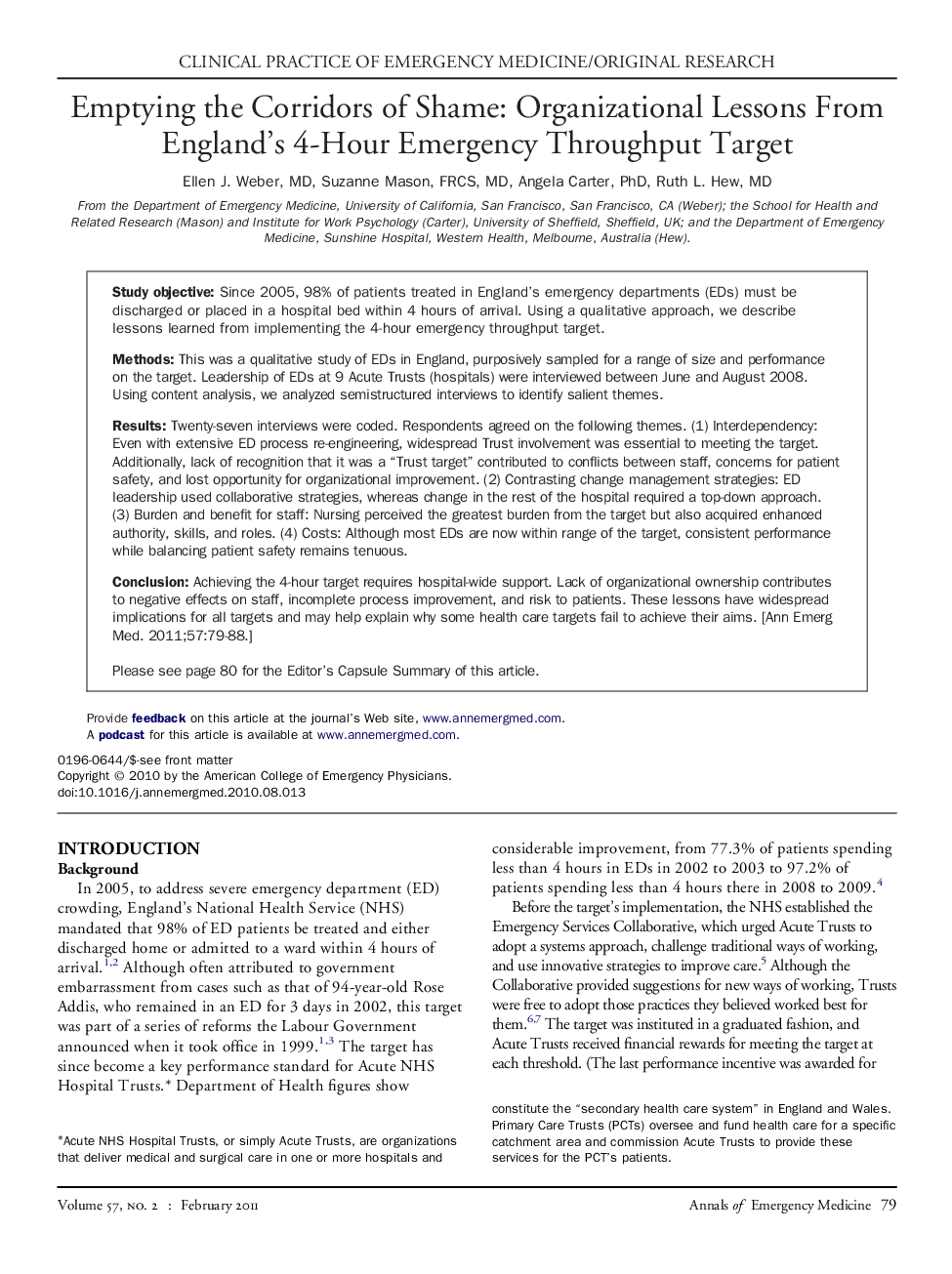 Emptying the Corridors of Shame: Organizational Lessons From England's 4-Hour Emergency Throughput Target