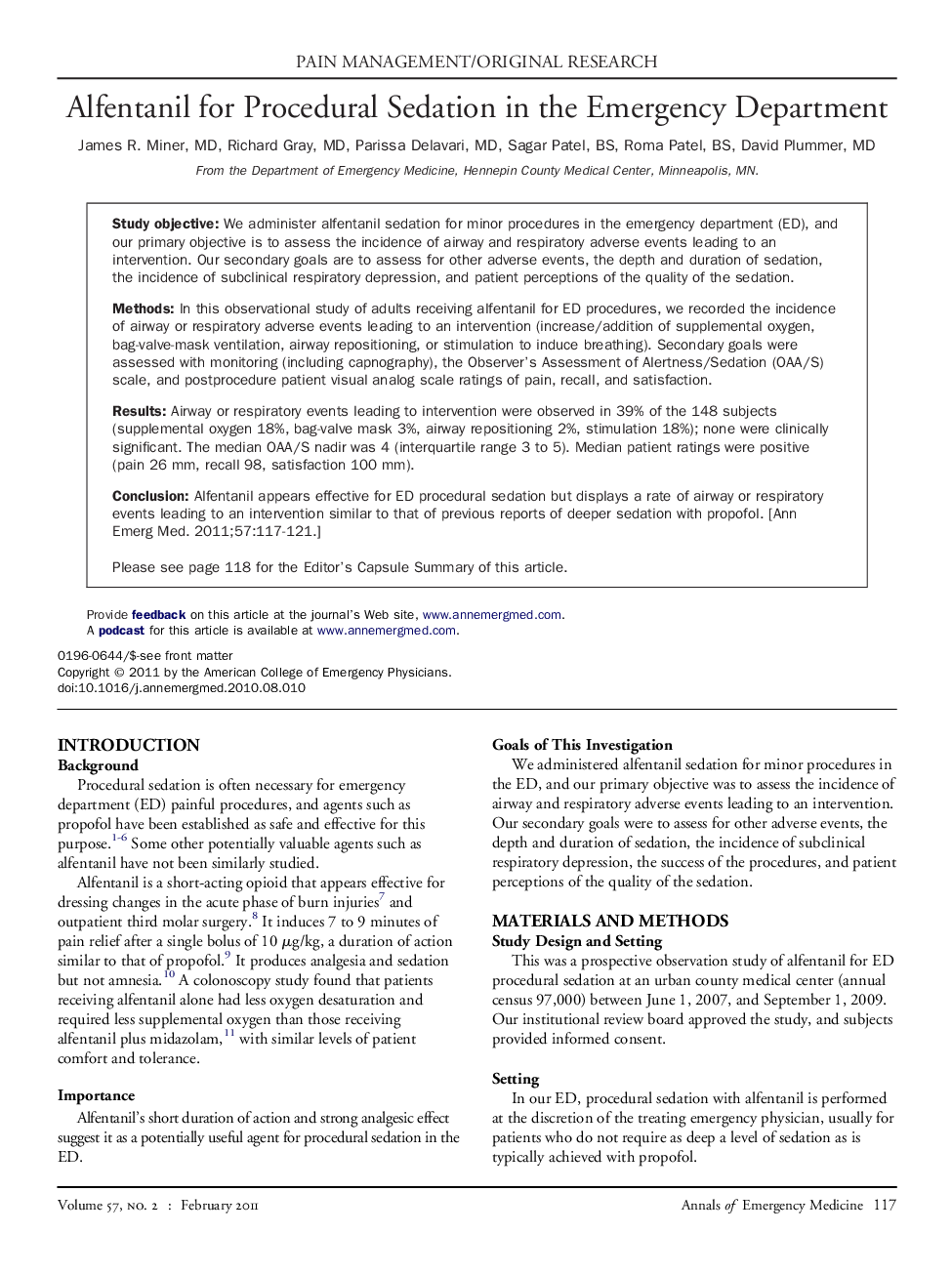 Alfentanil for Procedural Sedation in the Emergency Department 