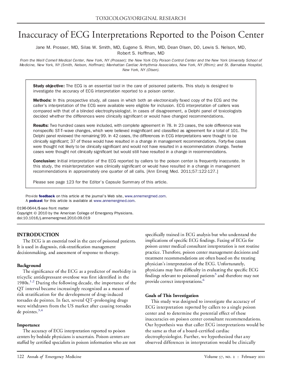 Inaccuracy of ECG Interpretations Reported to the Poison Center 