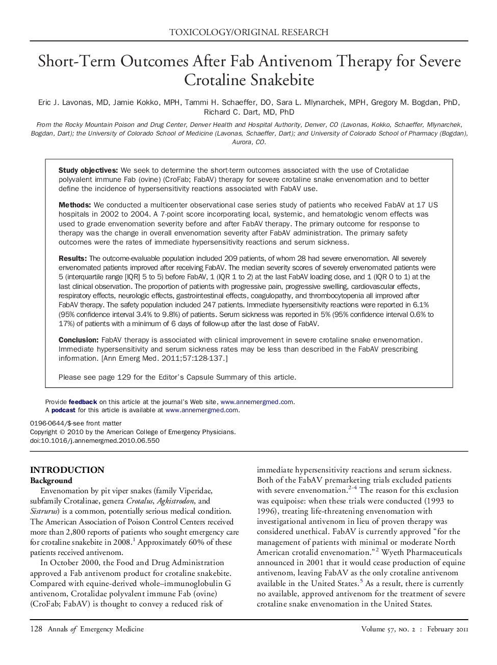 Short-Term Outcomes After Fab Antivenom Therapy for Severe Crotaline Snakebite